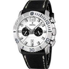 Festina Men's Quartz Watch With White Dial Chronograph Display And Black Leather Strap F16614/1