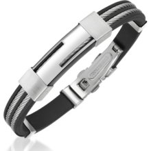 Forzieri Designer Men's Bracelets, Men's Rubber and Stainless Steel Strand Bracelet