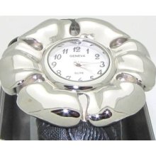 Geneva Ladies Flower Watch Large Numbers Blak Bangle