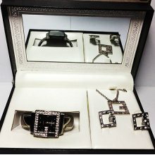 Geneva Ladies Watch Shape With Earrings And Necklace Black Face Rrp Â£49.99