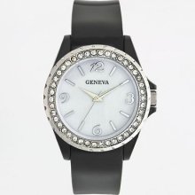 Geneva Silvertone Mother-of-pearl Black Womens Watch