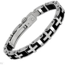 Gent's Cross Braceletgen Diamond In Black Resin & Stainless Steel By Simmons