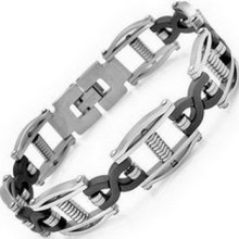 Gents Stainless Steel And Black Rubber Spring Style Bracelet