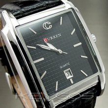 Genttlemen Clock Quartz Hours Dial Date Black Leather Men Wrist Watch Wv043