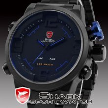 Genuine Shark Big Case Led Digital Date Day Alarm Blue Men Quartz Wrist Watch