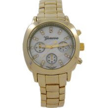 Gold And White Pearl Dial With Crystals Geneva Watch For Women