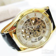 Gold Luxury Watch Skeleton Gold Tone Skeleton Mechanical Men's /ladi