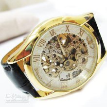 Gold Tone Skeleton Mechanical Mens /ladies Watch 70s 80s Freeship Co