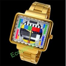 Golden Men's Metal Wrist Watch + TV Test Pattern Dial