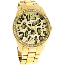 Gruen II Ladies Crystal Ice Leopard Dial Gold Tone Bracelet Quartz Watch GRT921