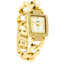 Gruen Quartz Ladies Crystal Gold Tone Cuban Link Bracelet Watch GRT581