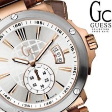 Guess Collection Gc Rose Gold Silver Case Men Brown Leather Watch G65007g1