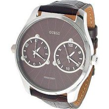 Guess Mens Dual Time Brown Leather Strap Watch U95027g2