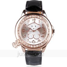 Hot Fashion Cute Little Bear Quartz Crystal Watch Wristwatch Black Leather Strap