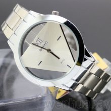 Hot Silver Triangle Lover Hollow Dial Steel Mens Womens Wrist Quartz Watch Gifts