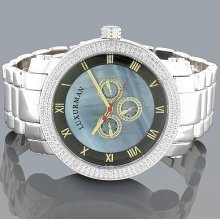 Iced Out Mens Fashion Luxurman Quartz Diamond Watches 0.12ct W Blue Mop Dial