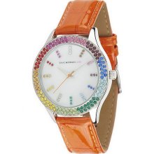 Isaac Mizrahi Live! Rainbow Bezel Leather Strap Watch - Orange - One Size