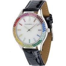 Isaac Mizrahi Live! Rainbow Bezel Leather Strap Watch - Black - One Size