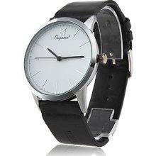 Japan PC Movement Silver Shell White Dial Black PU Leather Quartz Watch