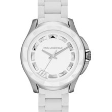 KARL LAGERFELD '7' Beveled Bezel Silicone Bracelet Watch, 44mm White/ Silver