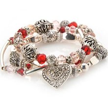 L&J Accessories Three Row Red and Pink Glass with Silvertone Heart