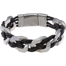 La Preciosa Stainless Steel Matte Wide Links W/ Braided Leather Bracelet