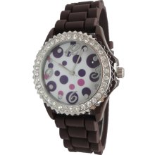 Ladies Brown Silicon Watch w/ Multi Polka Dot Print & Crystals Silver Bezel - Silver - Sterling Silver - 3