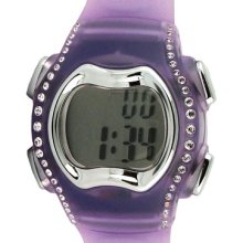 Ladies Girls Digital Chronograph Watch Purple Pu Strap Stone Set Detail