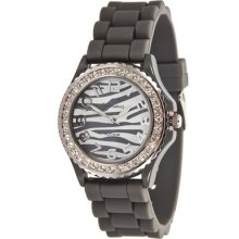 Ladies Grey Silicone Watch W/ Zebra Print & Crystals On Silver Bezel