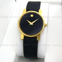 Ladies Movado Moderno Museum Classic Gold Tone Black Leather Swiss Quartz Watch