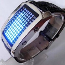 Ladies OR Mens Digital Binary Leather Band Silver 72 Blue LED Digital