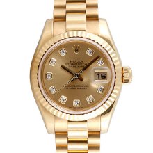 Ladies Rolex Datejust President 18k Yg Watch Champagne Diamond Dial 179178