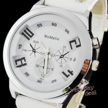 Leather Fashion Sports Men Quartz Three Dials Dec Wrist Watch White