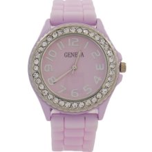 Light Purple Silicone Band Silver Bezel Crystals Geneva Women Watch