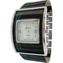 Limited Edition Green Plaid Design Fabric Bracelet Watch w/ Silver Clasps - Silver - Silver