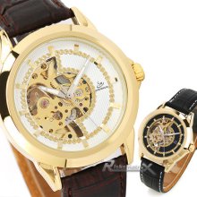 Luminous Hand Gold Case Self-wind Pu Leather Band Skeleton Mechanical Men Watch