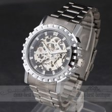 Luxury Skeleton Face Men Auto-mechanical Stainless Strap Clock Wrist Watch 2731