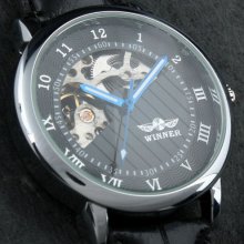 Men s White Skeleton Dial Hand-Wind Up Leather Mechanical Watch