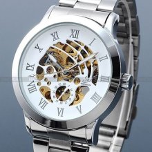 Men Skeleton Automatic Mechanical Analog White Dial Sport Watch Dailyetrade