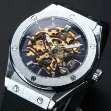 Men Skeleton Blue Dial Automatic Mechanical Rubber Sport Watch Dailyetrade