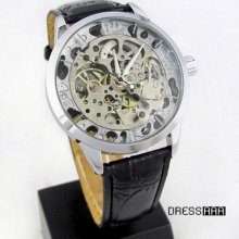 Men Transparent Dial Black Pu Strap Mechanical Automatic Wirst Watch