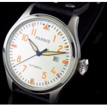 Mens 47mm Parnis Orange Number Automatic Independent Hand Date Watch P053