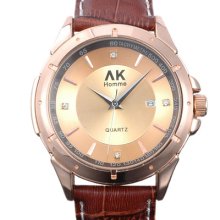 Mens Ak-homme Date Dispaly Crystal Decoration Dial Golden Quartz Watch