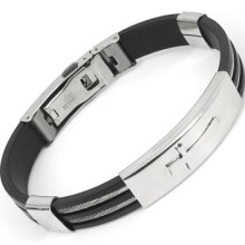 Men's Black Rubber Stainless Steel Cross Bangle Wire Bracelet