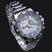 Mens Boys Stainless Steel Waterproof Black Dial Sport Stop Digital Watch Ff