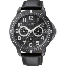 Mens Citizen Quartz Black Dial Watch with Black Leather Band