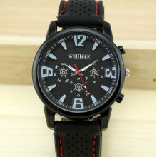 Men's Cool Sports Quartz Watch/clock Black Strap+ Red Thread Big Round Face