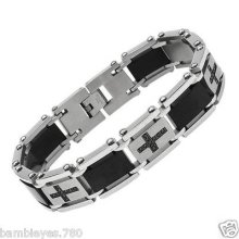 Mens Cross Bracelet With Genuine Onyxes Crafted In Stainless Steel 8.25 Inc