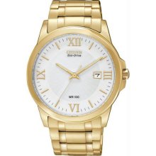 Men's Eco-Drive Gold Tone Stainless Steel Case and Bracelet White Dial Date Disp