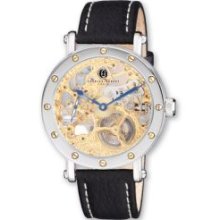 Mens Leather Band Gold-Tone Skeleton Dial Watch